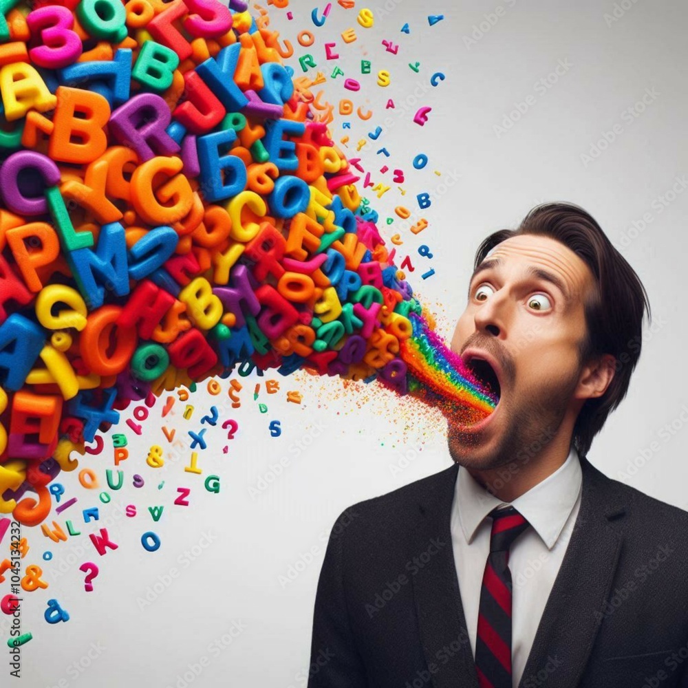 AI generated image of man vomiting colorful alphabet letters on white background, word vomit, AI generated image of man vomiting colorful alphabet letters on white background, word vomit,