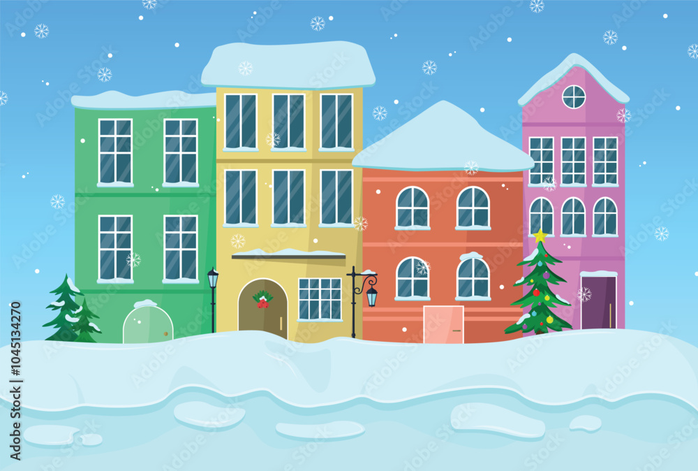 European houses with snow and fir trees against the sky. Christmas card concept. European houses with snow and fir trees against the sky. Christmas card concept.