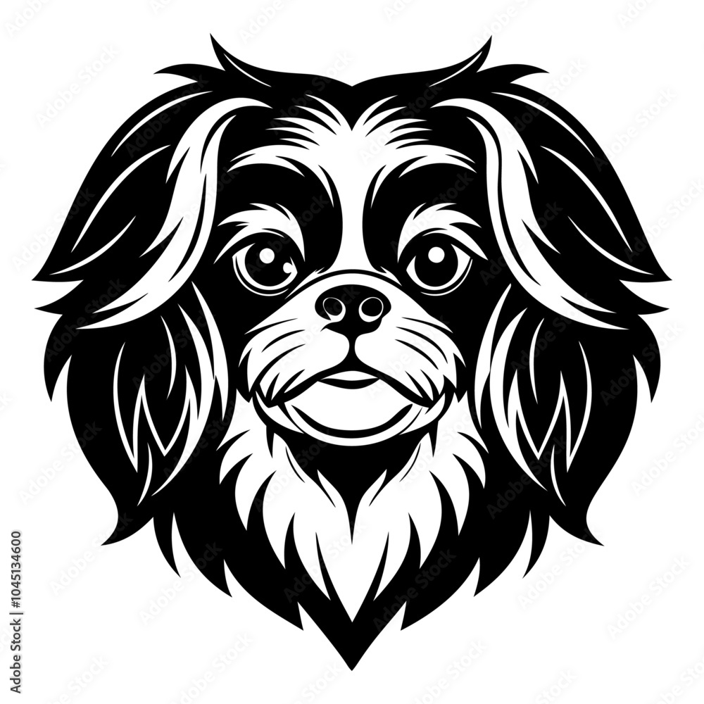 Fototapeta premium japanese chin dog face icon. Black and white logo, dog silhouette, engraving style. Pet character. Vector illustration