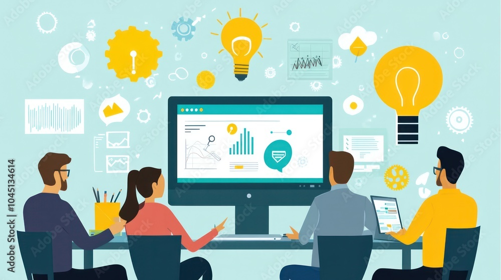 business team in online meeting, team members joining an online meeting, sharing insights and ideas illustrations business team in online meeting, team members joining an online meeting, sharing insights and ideas illustrations