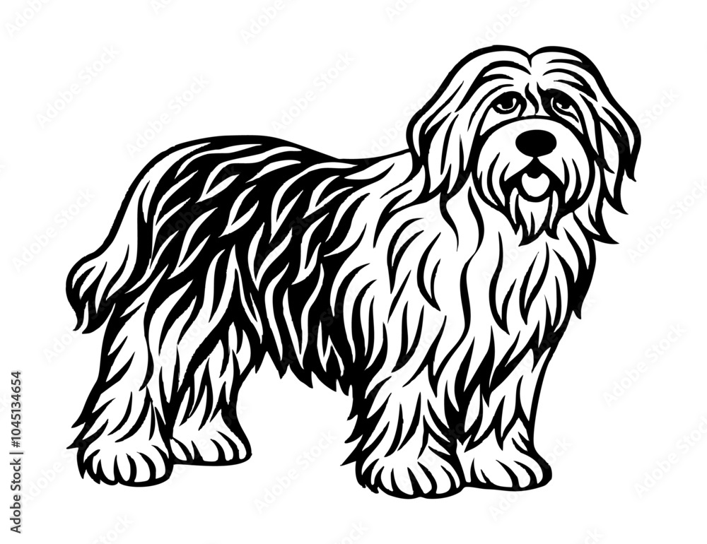 komondor dog full body icon. Black and white logo, dog silhouette, engraving style. Pet character. Vector illustration