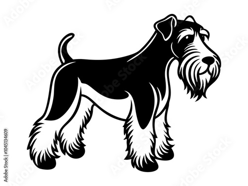kerry blue terrier dog full body icon. Black and white logo, dog silhouette, engraving style. Pet character. Vector illustration