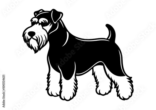 kerry blue terrier dog full body icon. Black and white logo, dog silhouette, engraving style. Pet character. Vector illustration