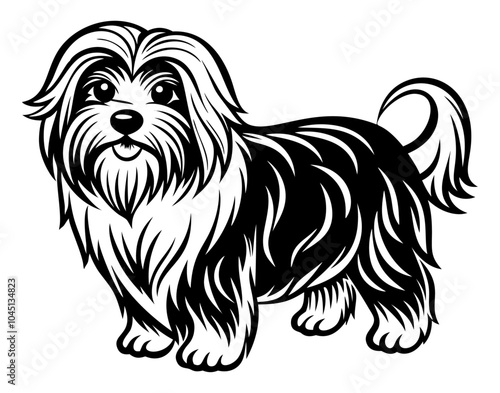 maltese dog full body icon. Black and white logo, dog silhouette, engraving style. Pet character. Vector illustration