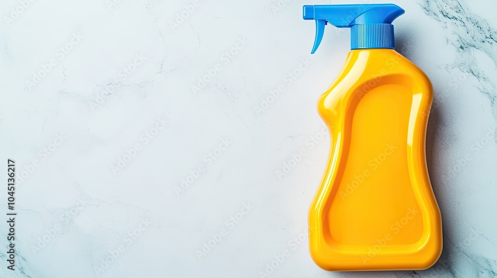 A bright yellow spray bottle with a blue nozzle sits on a light marble surface, ideal for cleaning or household tasks. A bright yellow spray bottle with a blue nozzle sits on a light marble surface, ideal for cleaning or household tasks.