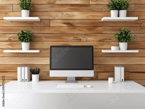 Modern workspace with computer, plants, and wooden wall decor.