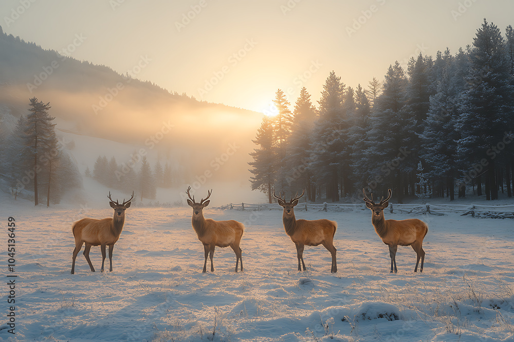 A serene winter scene of deer standing on a snowy field, with soft winter light and distant trees creating a peaceful, natural atmosphere.
A serene winter scene of deer standing on a snowy field, with soft winter light and distant trees creating a peaceful, natural atmosphere.