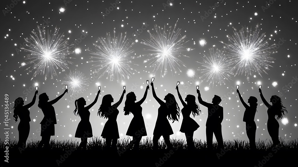 Papercut art of a party crowd celebrating New Year Eve with champagne glasses raised, fireworks exploding above Papercut art of a party crowd celebrating New Year Eve with champagne glasses raised, fireworks exploding above