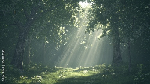 Sunbeams streaming through tall trees in a peaceful forest, casting soft light on the ground, creating a serene and tranquil scene