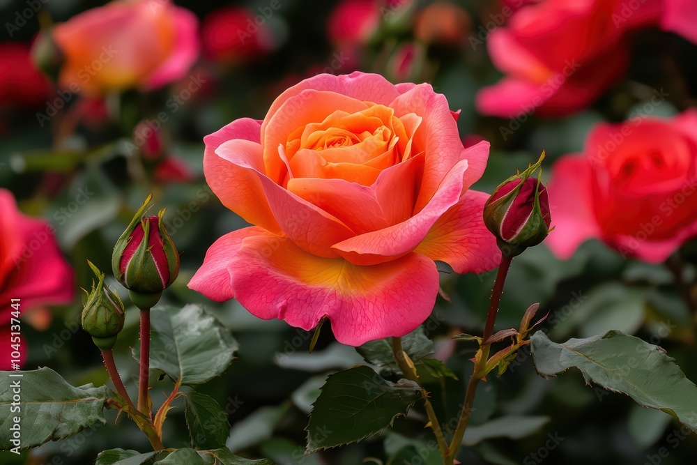 Vibrant pink rose bloom surrounded by green foliage, showcasing natural beauty in a garden setting. Vibrant pink rose bloom surrounded by green foliage, showcasing natural beauty in a garden setting.