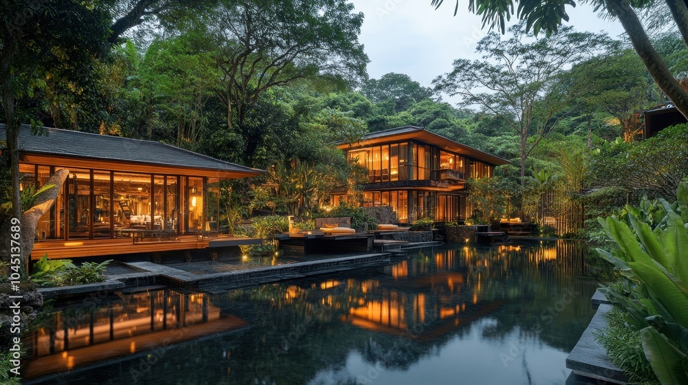 Fototapeta premium Reflective pool, two houses, lush green foliage.