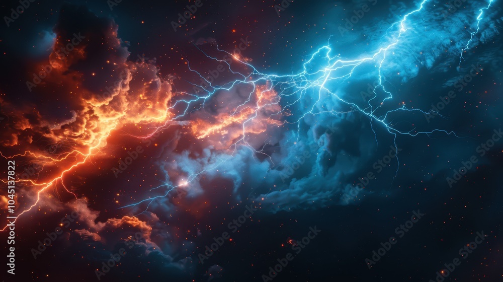 Thunderstorm reveals an abstract power in the sky. Lightning strikes, lighting up the dark clouds. Thunderstorm reveals an abstract power in the sky. Lightning strikes, lighting up the dark clouds.