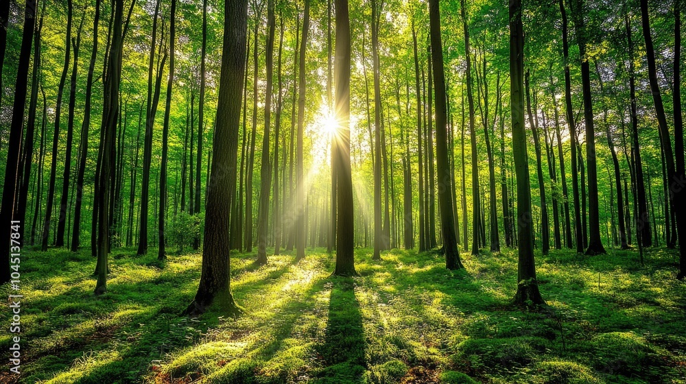 Sunlight streaming through the canopy of a tranquil forest, casting soft light on the forest floor, symbolizing peace and natural beauty Sunlight streaming through the canopy of a tranquil forest, casting soft light on the forest floor, symbolizing peace and natural beauty