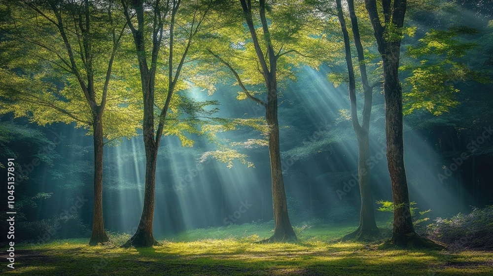 Obraz premium A peaceful forest bathed in sunbeams filtering through tall trees, casting soft light on the forest floor, symbolizing calm and beauty