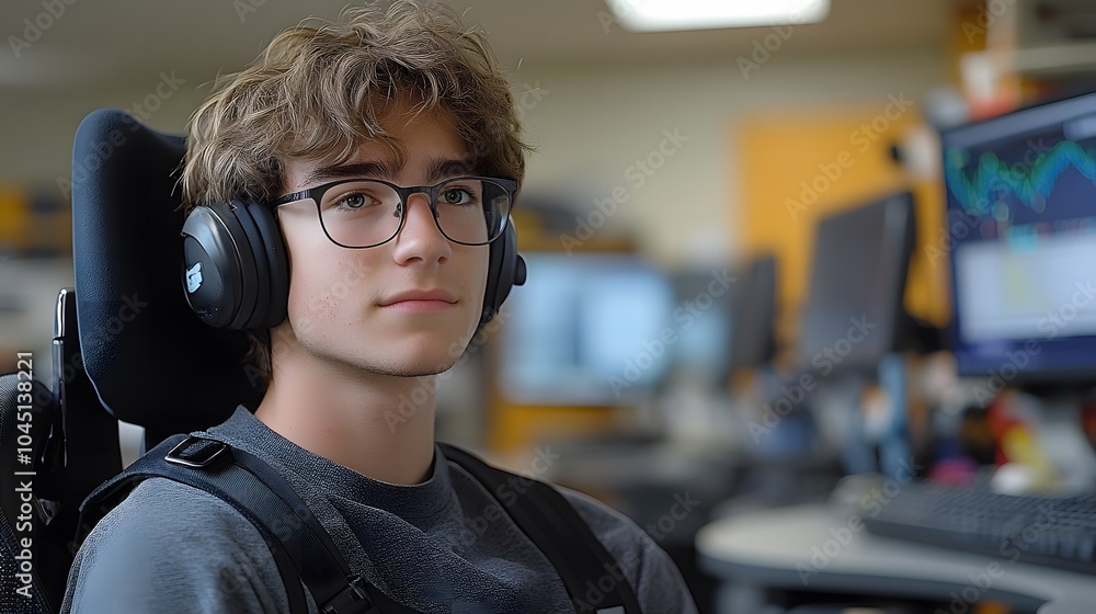 Teenager in Headphones Working at Computer Desk Teenager in Headphones Working at Computer Desk