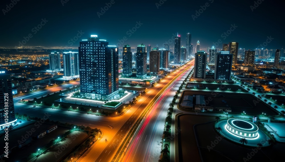 Fototapeta premium Vibrant cityscape at night illuminated by lights and neon