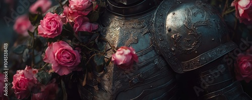 Knight armour covered with pink roses symbolizing love and war