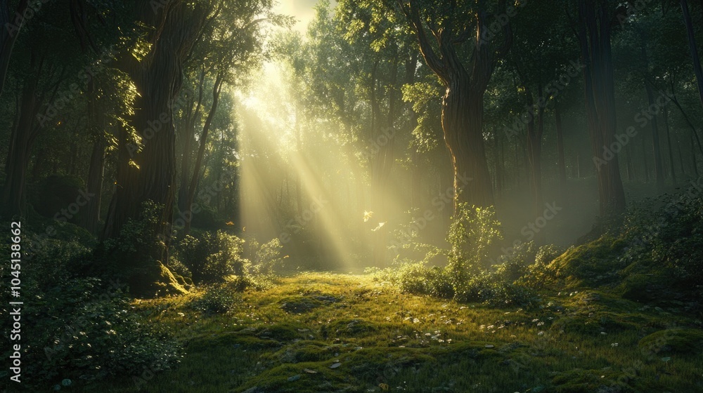 A serene forest with sunbeams breaking through tall trees, casting soft light on the mossy forest floor, symbolizing peace and harmony A serene forest with sunbeams breaking through tall trees, casting soft light on the mossy forest floor, symbolizing peace and harmony