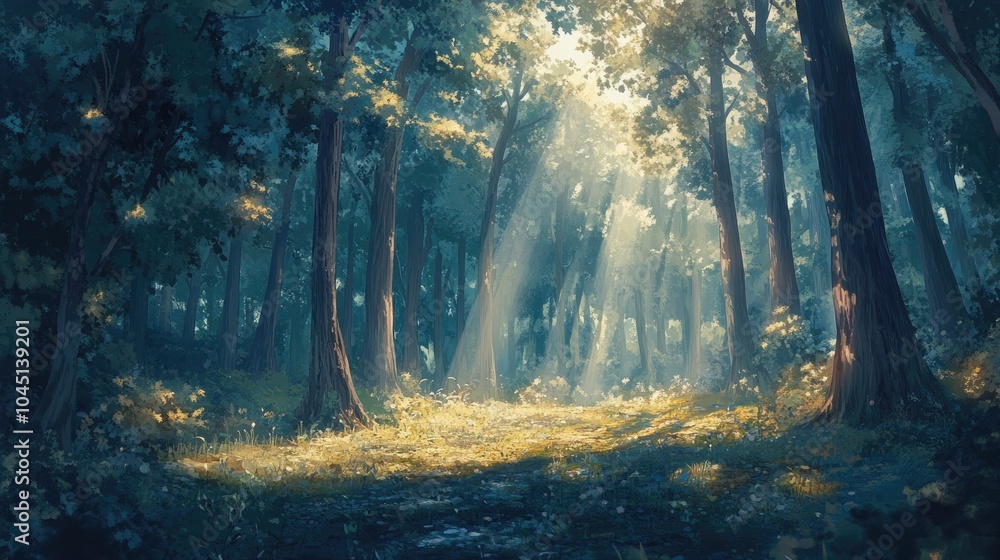 Obraz premium A tranquil forest with sunbeams filtering through the trees, casting soft light on the forest floor, symbolizing peace and natural beauty