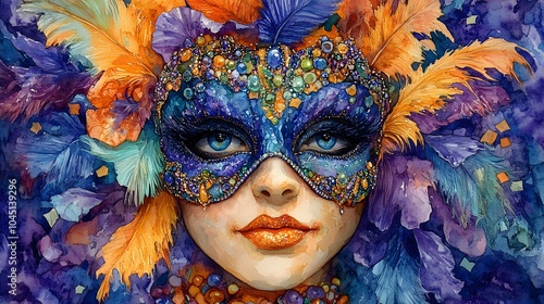 Watercolor illustration of a Mardi Gras mask surrounded by confetti, beads, and feathers in vibrant colors