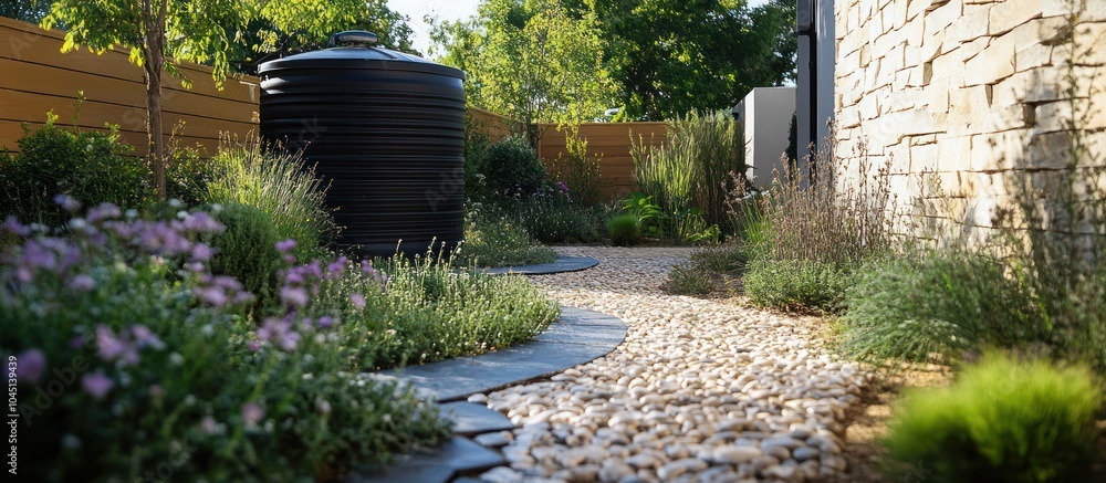 Fototapeta premium A winding gravel pathway leads through a lush garden with a black water tank and a stone wall.