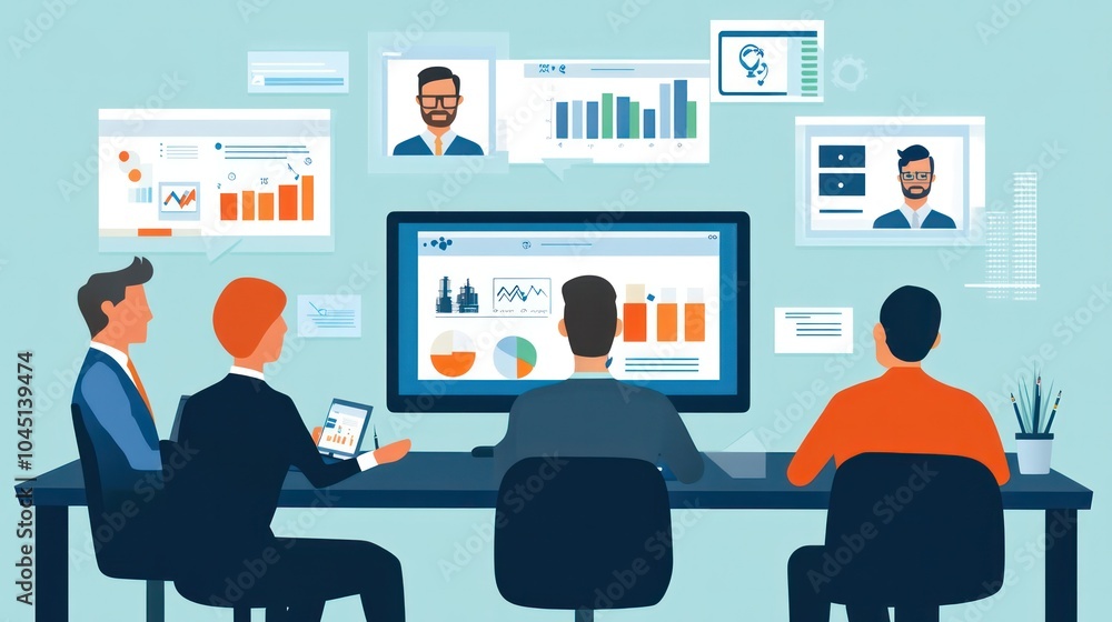remote business team, business professionals collaborating remotely through video conferences and online collaboration illustrations remote business team, business professionals collaborating remotely through video conferences and online collaboration illustrations
