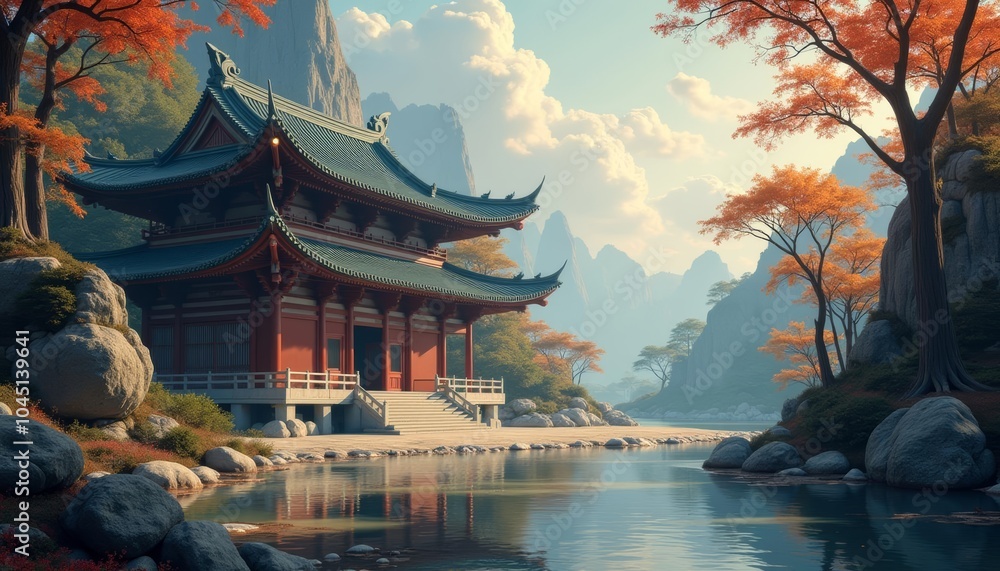 Obraz premium Ethereal East Asian Temple by a Mountain Stream