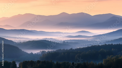 Majestic mountain range at sunrise with glowing peaks and vibrant sky, nature landscape background