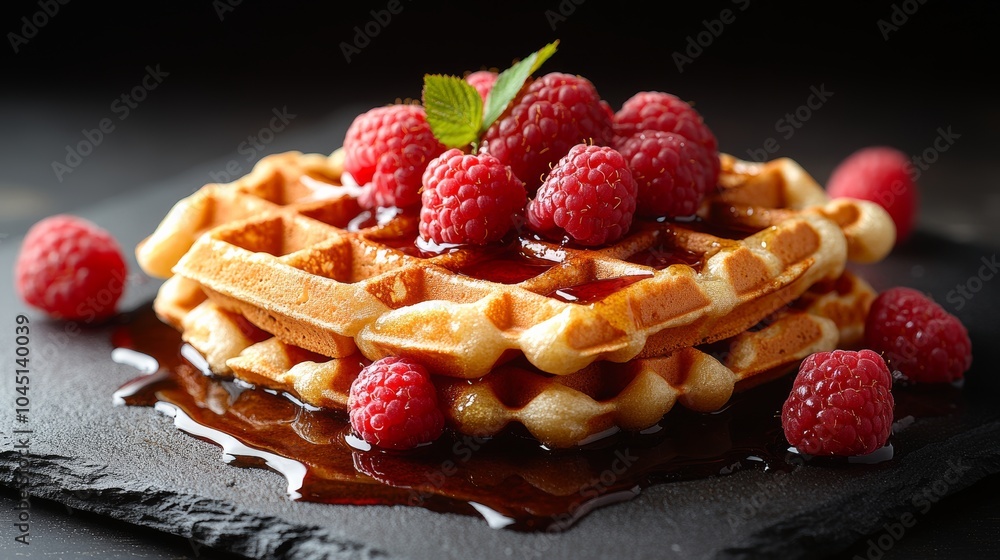 Delicious waffles with raspberries and maple syrup being served on black slate board Delicious waffles with raspberries and maple syrup being served on black slate board