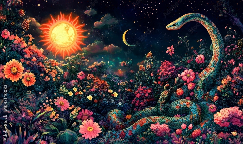 A snake slithers through a field of flowers. A snake slithers through a field of flowers.