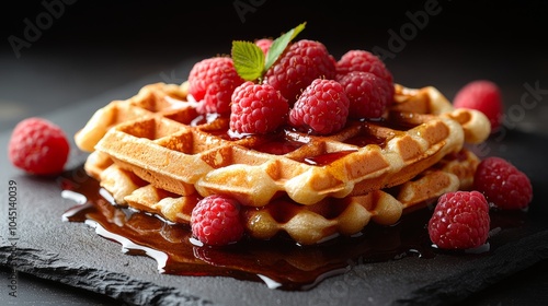 Delicious waffles with raspberries and maple syrup being served on black slate board