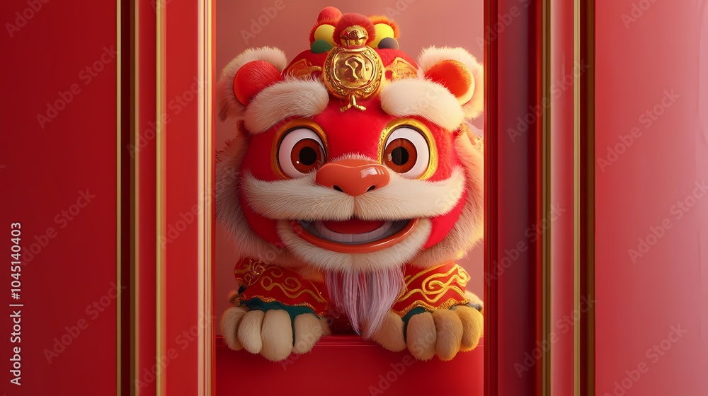 Obraz premium Traditional Chinese cute 3d lion head illustration poster background