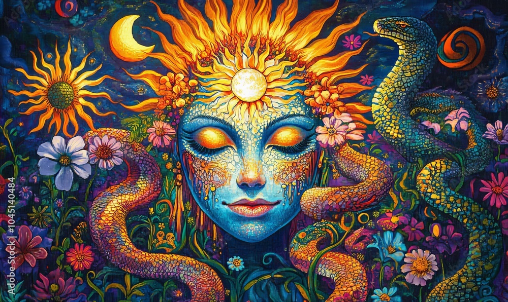 Psychedelic face with flowers and snakes. Psychedelic face with flowers and snakes.