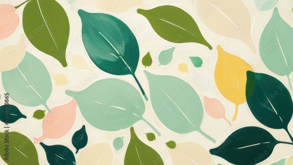 Obraz premium A minimalistic, nature-inspired frame of colorful leaves in green, cream, and teal tones, set against a light background, perfect for eco-themed designs or backgrounds