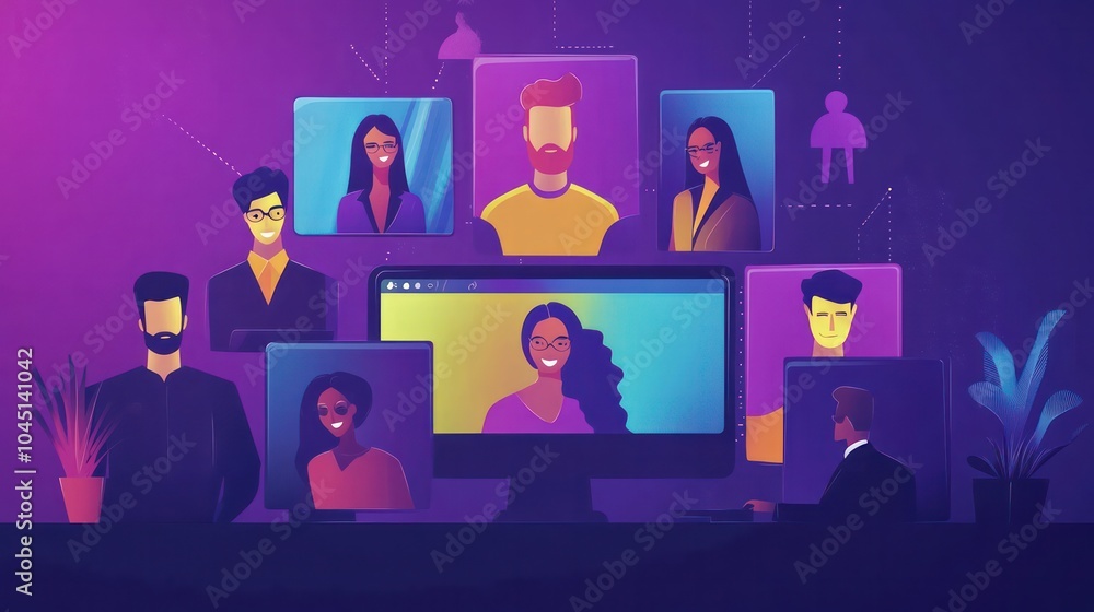 virtual business team, business team collaborating virtually through advanced video conferencing platforms illustrations virtual business team, business team collaborating virtually through advanced video conferencing platforms illustrations
