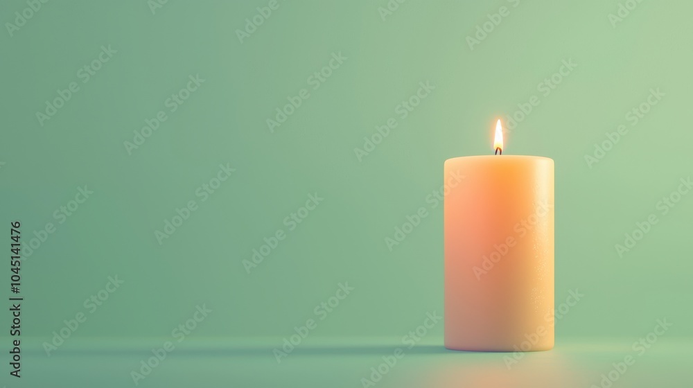 Minimalist 3D render of a single holiday candle with a soft glow, isolated on a pastel green background Minimalist 3D render of a single holiday candle with a soft glow, isolated on a pastel green background