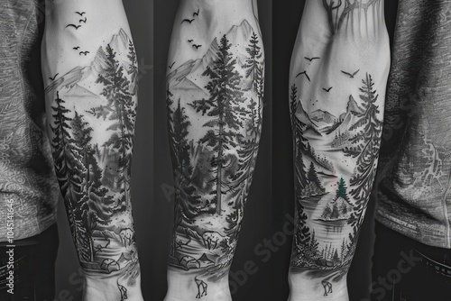 Fototapeta Naklejka Na Ścianę i Meble -  A full-sleeve tattoo depicting a forest scene with trees, mountains, and wildlife.