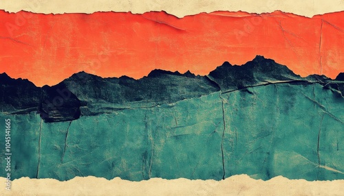Collage artwork featuring mountain silhouettes against a unique chaotic background