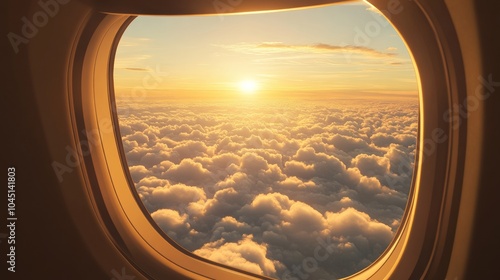 Airplane window showing golden sunrise over clouds