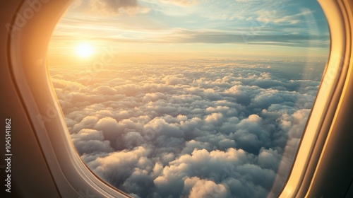 Airplane window showing sunset above clouds during flight