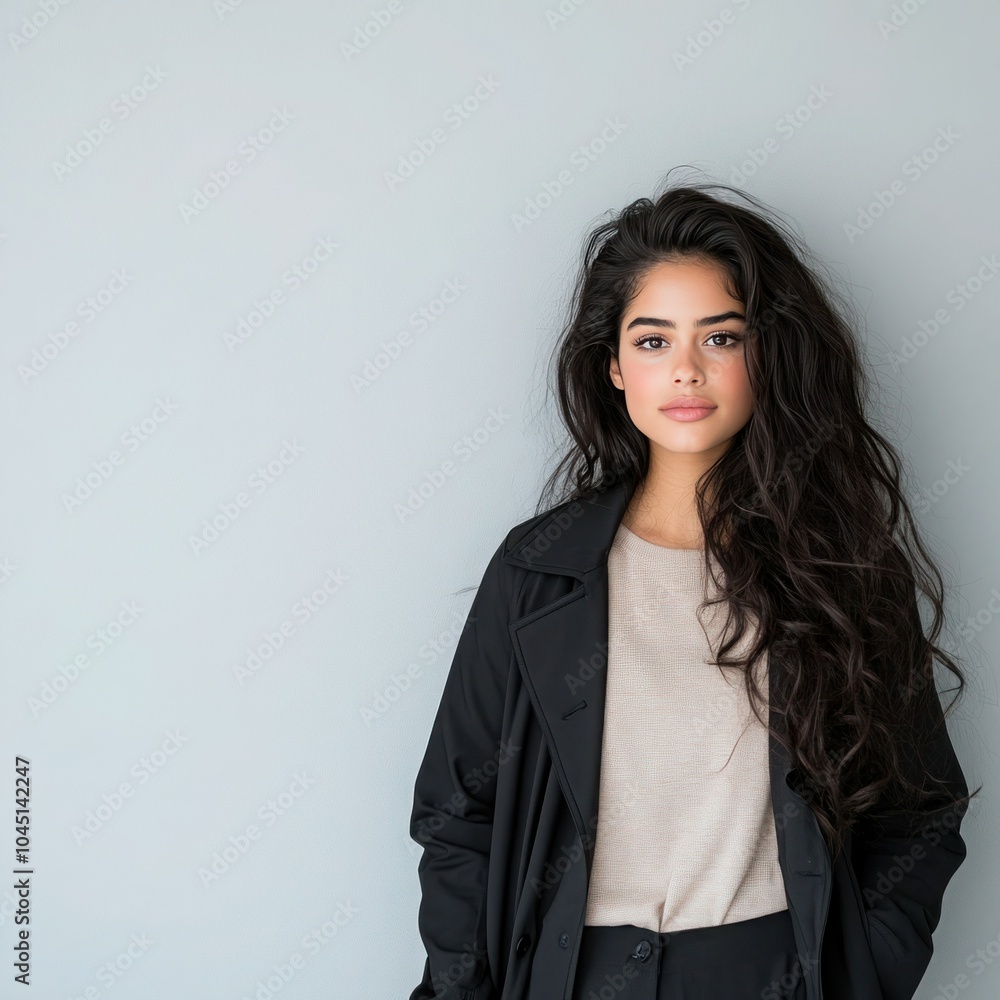 Stylish Woman in Trench Coat Looking Away - Panoramic Grey Shot Stylish Woman in Trench Coat Looking Away - Panoramic Grey Shot