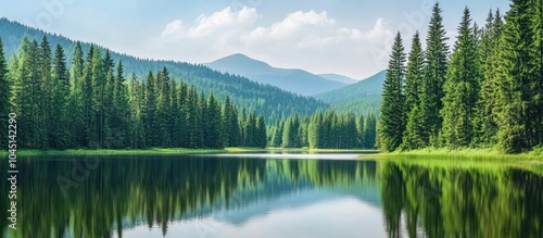 A tranquil mountain lake surrounded by lush evergreens, reflecting the sky and mountains.