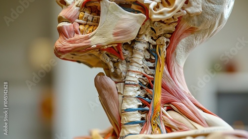 A close-up view of the human neck showing the intricate details of the cervical vertebrae muscles and nerves the anatomy is presented with layers of skin removed to reveal how the spine supports the