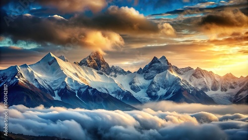 Snow capped mountain peaks and mesmerizing cloud formations with shallow depth of field