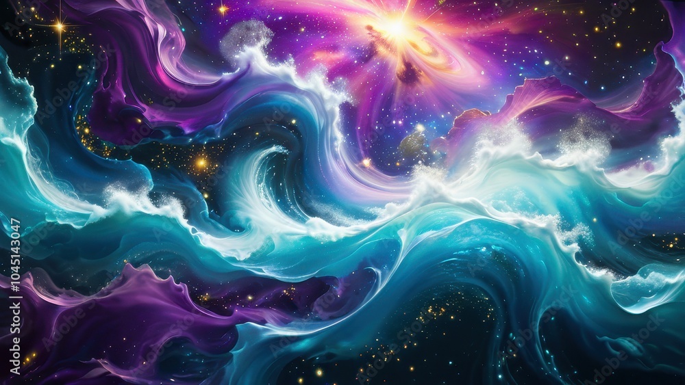 Obraz premium A mesmerizing cosmic swirl of vibrant purples, blues, and turquoise, resembling a galaxy or nebula, set against a starry space backdrop, creating a dynamic and ethereal feel