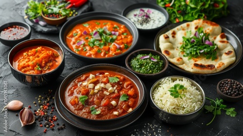 Wallpaper Mural Indian Curry Dishes with Rice  Naan  and Side Dishes Torontodigital.ca