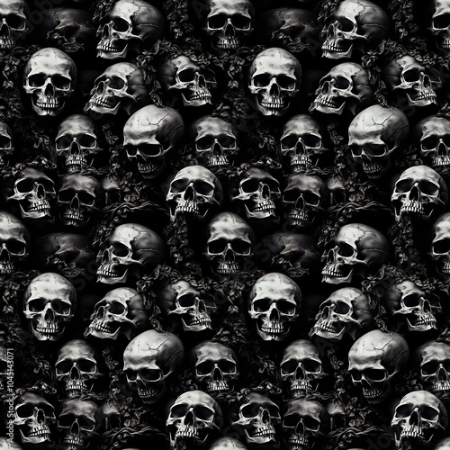 Skulls and bones in artistic layouts, macabre yet stylish, black and white with subtle highlights.  Background, seamless pattern.