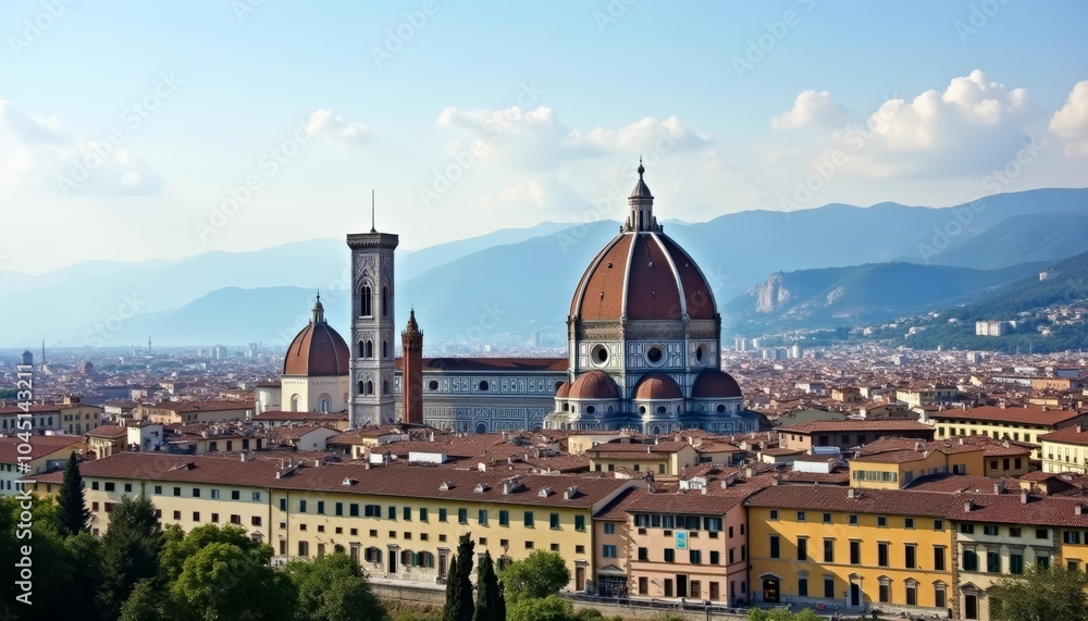 Elegant cityscape with iconic domed building and mountains in the distance Elegant cityscape with iconic domed building and mountains in the distance