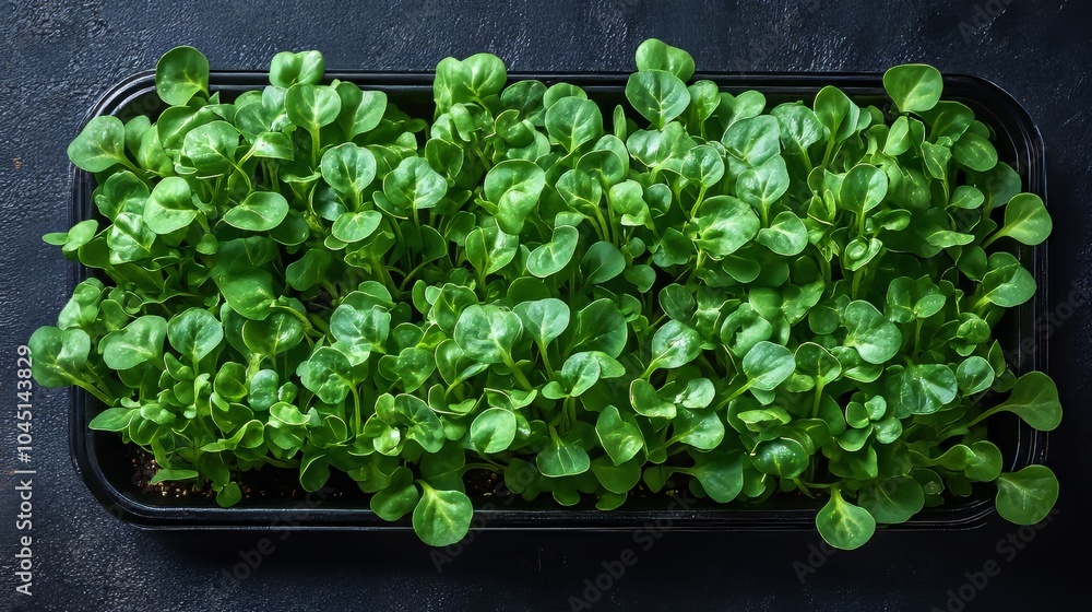 Fresh watercress growing in black container on dark background Fresh watercress growing in black container on dark background