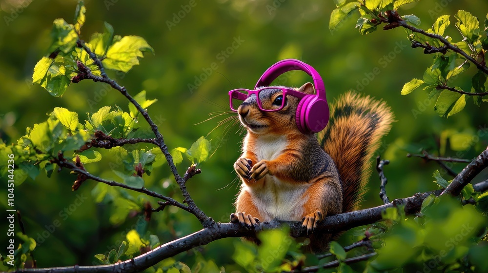 Fototapeta premium Squirrel wearing pink headphones on a tree branch with green leaves.
